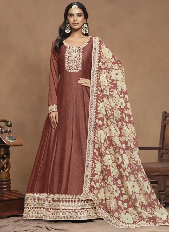 Art Silk Dusty Pink Wedding Wear Embroidery Work Anarkali Suit